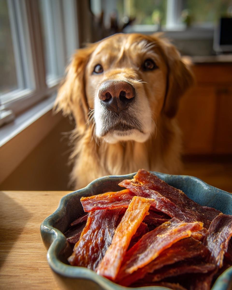 A Golden Retriever dog looking intently at a bowl of Turkey Blueberry Morning Jerky.