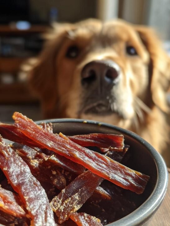 A bowl of Turkey Blueberry Morning Jerky with a golden retriever dog looking intently in the background.