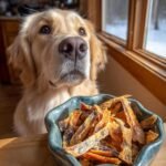 A golden retriever dog looks longingly at a bowl of Turkey Blueberry Morning Jerky.