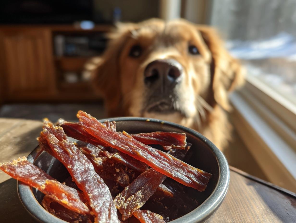 A bowl of Turkey Blueberry Morning Jerky with a golden retriever dog looking intently in the background.