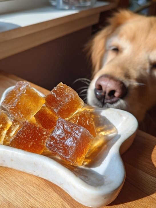 A golden retriever eagerly looks at homemade Turkey Bone Broth Calming Gummies served in a small dish.