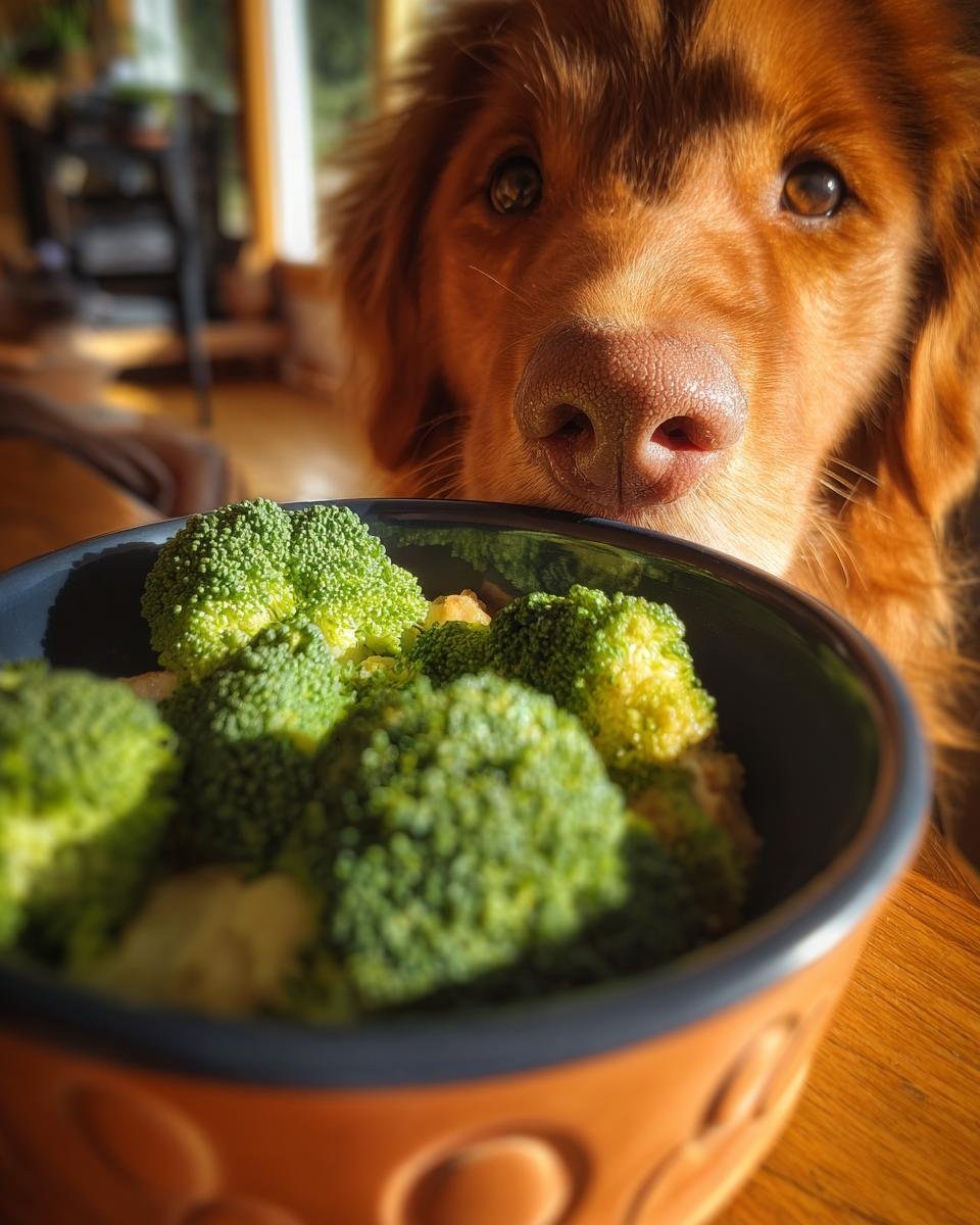 A curious dog peeks over a bowl of fresh broccoli, part of a Turkey and Broccoli Cleansing Meal.