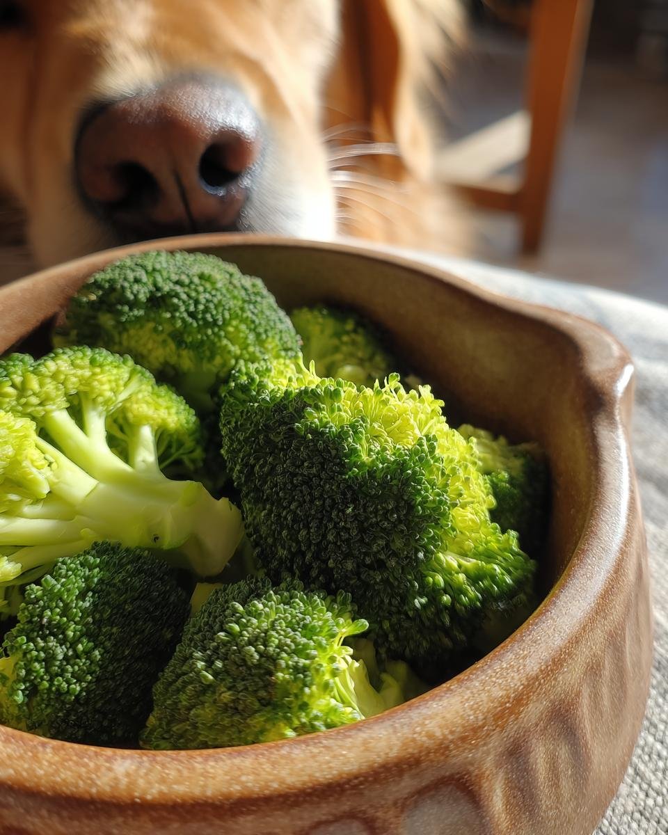 A golden retriever dog's nose is in the foreground, looking at a wooden bowl filled with fresh broccoli florets for a Turkey and Broccoli Cleansing Meal.