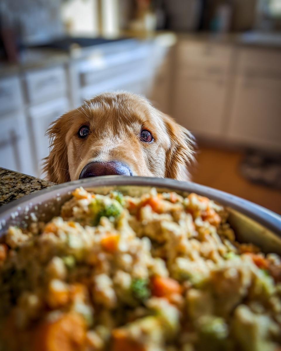 A curious Golden Retriever peeking over a bowl of Turkey and Broccoli Fitness Bowl for Active Dogs.