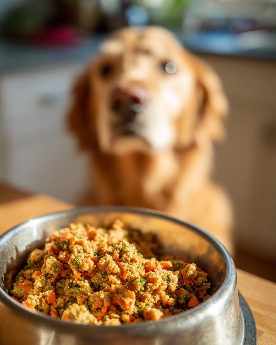 A close-up of a metal bowl filled with a Turkey and Broccoli Fitness Bowl for Active Dogs, with a golden retriever looking on in the background.
