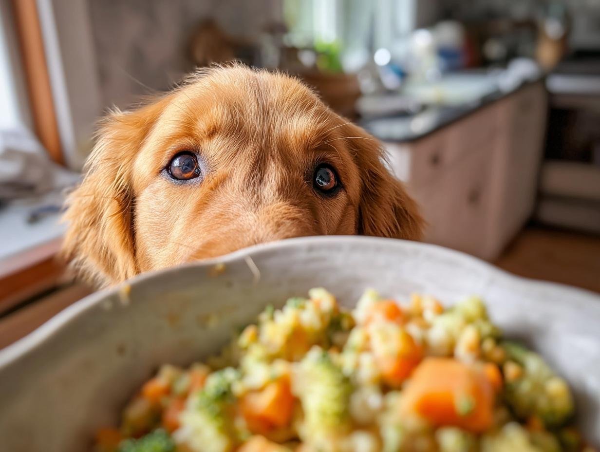 A golden retriever puppy peeks over a bowl of Turkey and Broccoli Fitness Bowl, looking intently at the food.