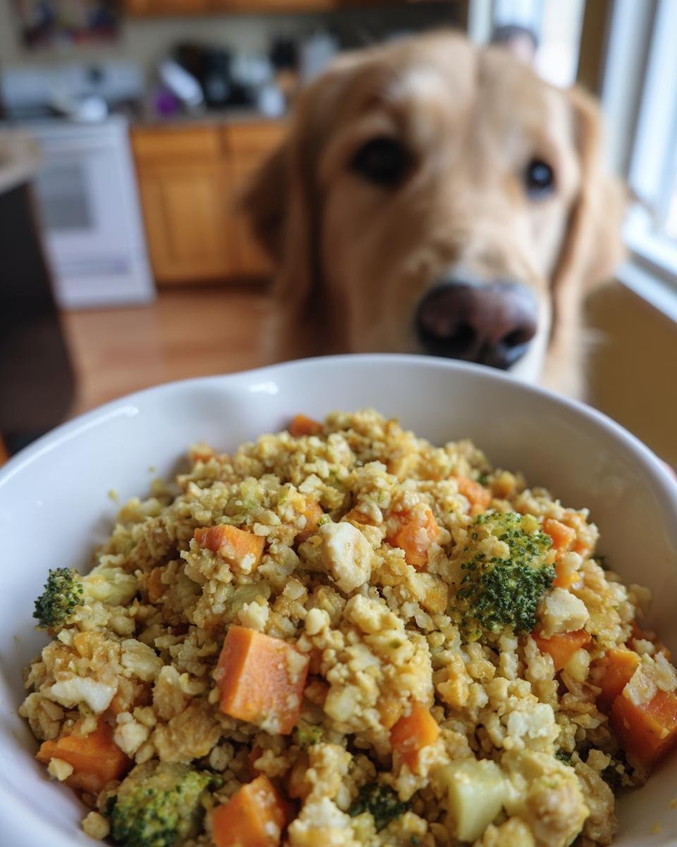 A white bowl filled with a Turkey and Broccoli Fitness Bowl for Active Dogs, with a golden retriever looking on.