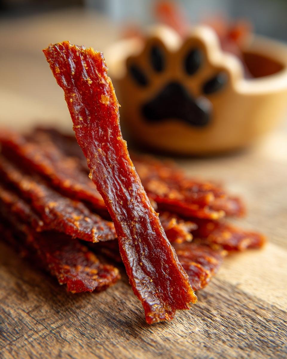 Close-up of a piece of Turkey Carrot Glow Jerky, with a pile of jerky in the background and a paw-print bowl.