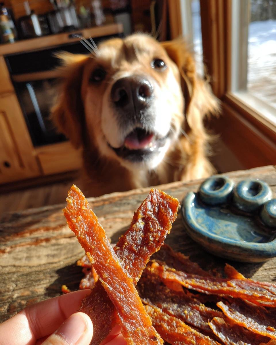 A hand holds two pieces of Turkey Carrot Glow Jerky, with a happy Golden Retriever dog in the background.