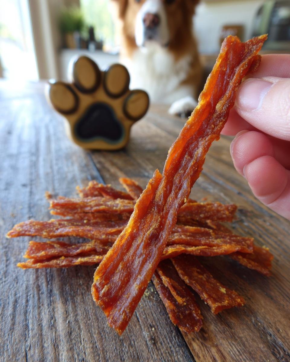 A hand holding a piece of Turkey Carrot Glow Jerky, with a pile of jerky and a dog in the background.