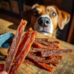 Close-up of Turkey Carrot Glow Jerky strips with a dog looking intently in the background.