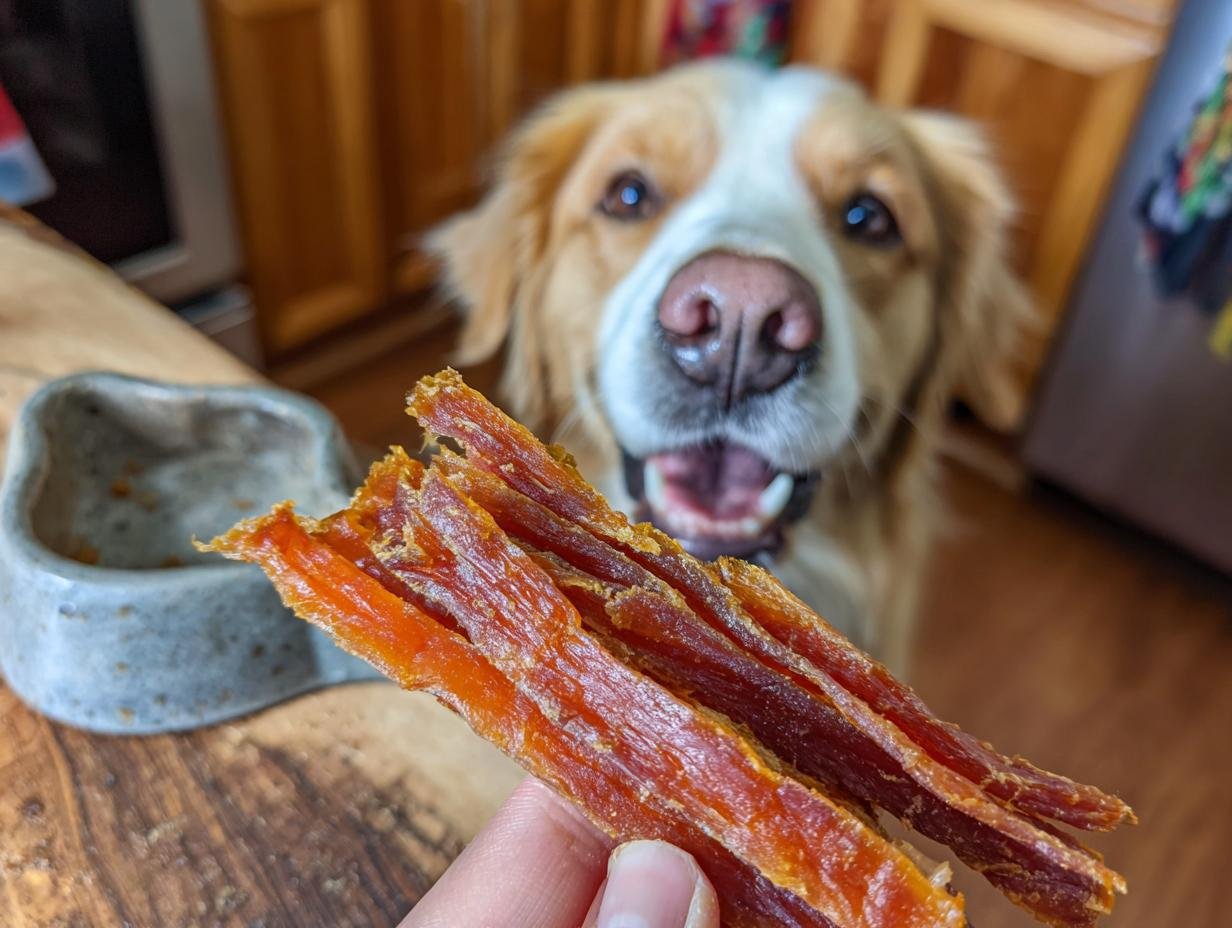 A hand holds up several strips of Turkey Carrot Glow Jerky with a happy dog in the blurred background.