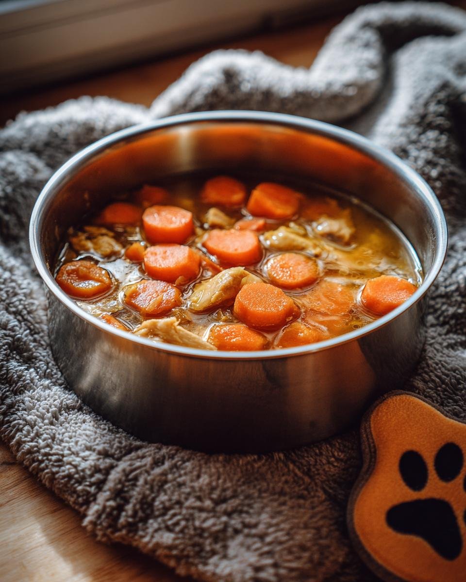 A close-up of Turkey and Carrot Golden Wellness Stew for Complete Balance in a metal bowl, with sliced carrots and turkey pieces.