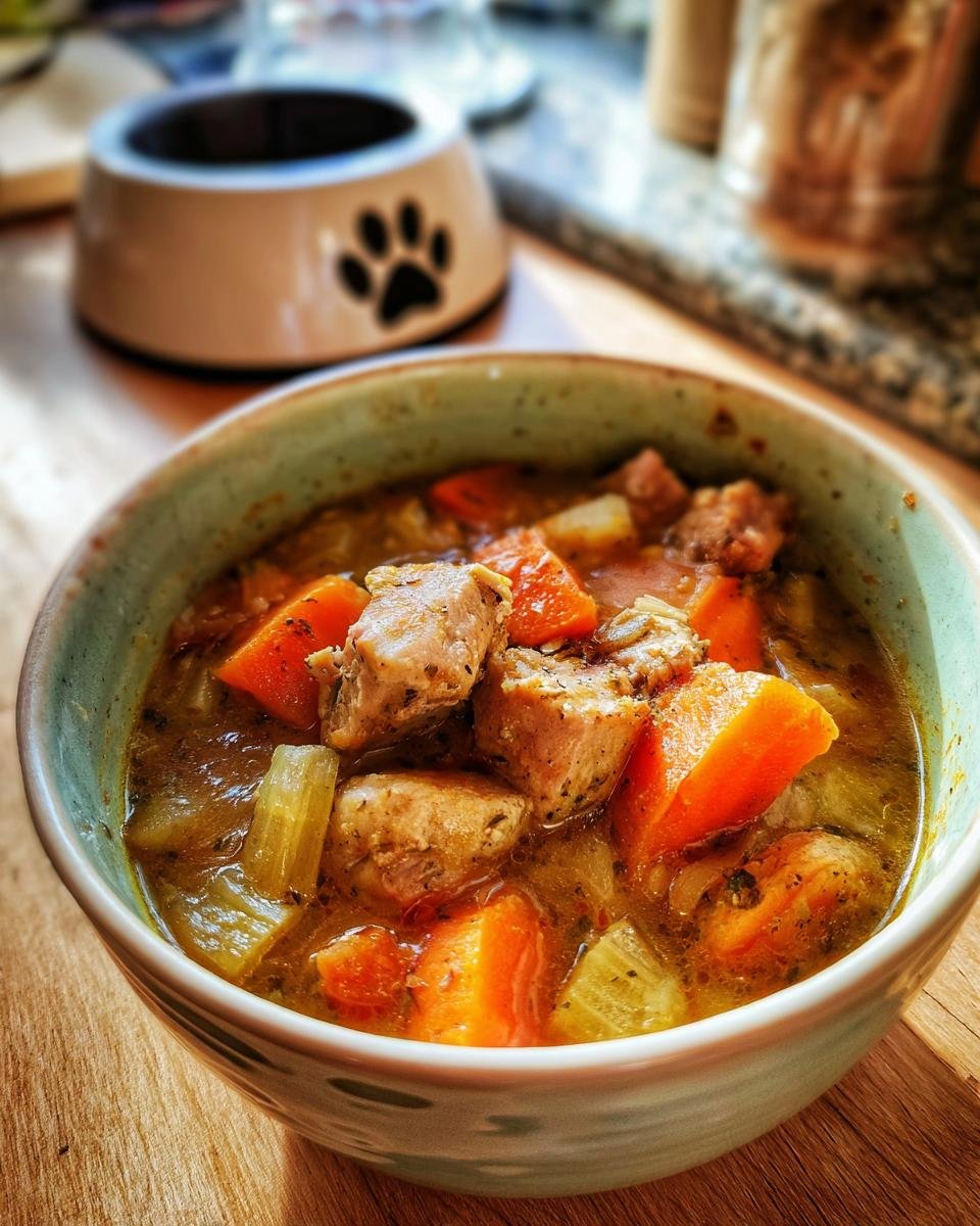A close-up of Turkey and Carrot Golden Wellness Stew in a bowl, showing chunks of turkey, carrots, and celery in a rich broth.