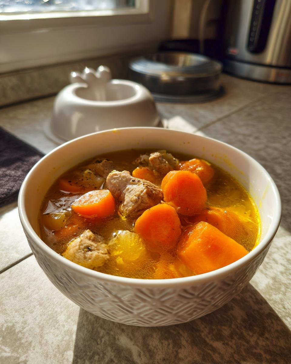 A bowl of Turkey and Carrot Golden Wellness Stew, featuring tender turkey pieces and vibrant carrot chunks in a rich broth.
