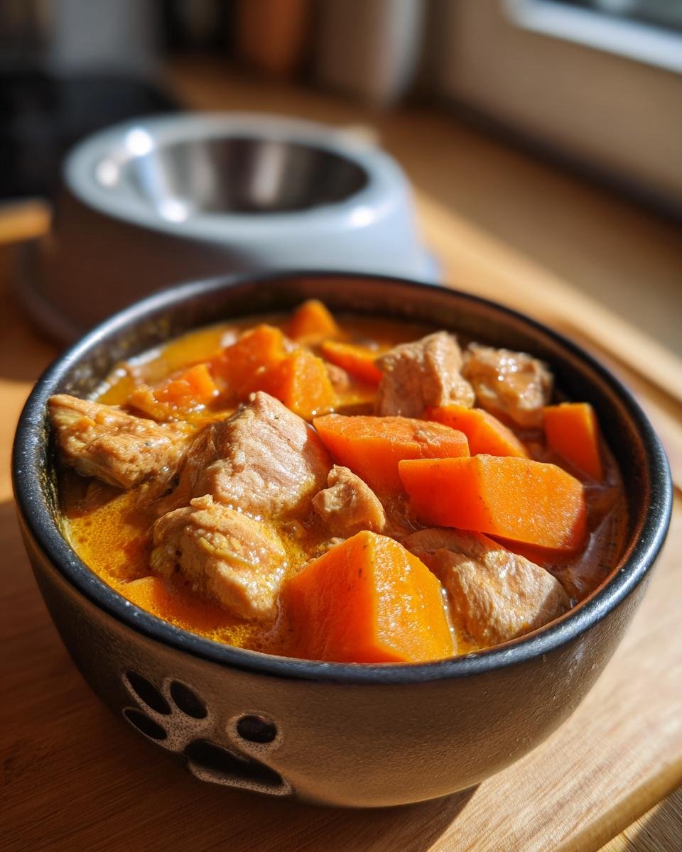 Close-up of a bowl of Turkey and Carrot Golden Wellness Stew, featuring tender turkey pieces and vibrant orange carrot chunks in a rich, golden broth.
