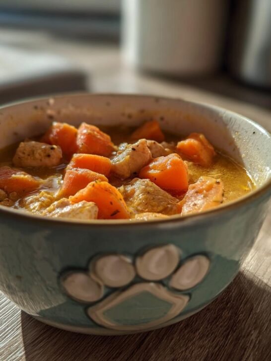 A close-up of a bowl filled with Turkey and Carrot Golden Wellness Stew, showcasing chunks of turkey and vibrant orange carrots in a golden broth.