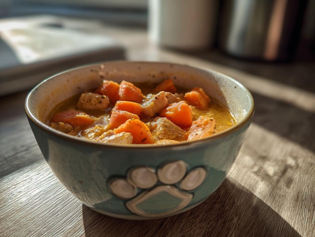 A close-up of a bowl filled with Turkey and Carrot Golden Wellness Stew, showcasing chunks of turkey and vibrant orange carrots in a golden broth.