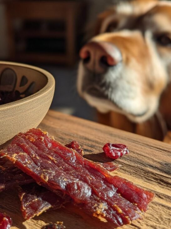 Close-up of Turkey Cranberry Holiday Jerky with a dog in the background looking intently.