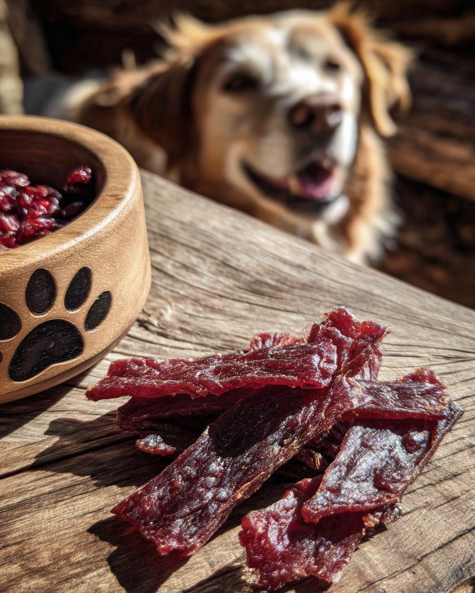 A pile of Turkey Cranberry Holiday Jerky for dogs on a wooden surface, with a dog looking on in the background.