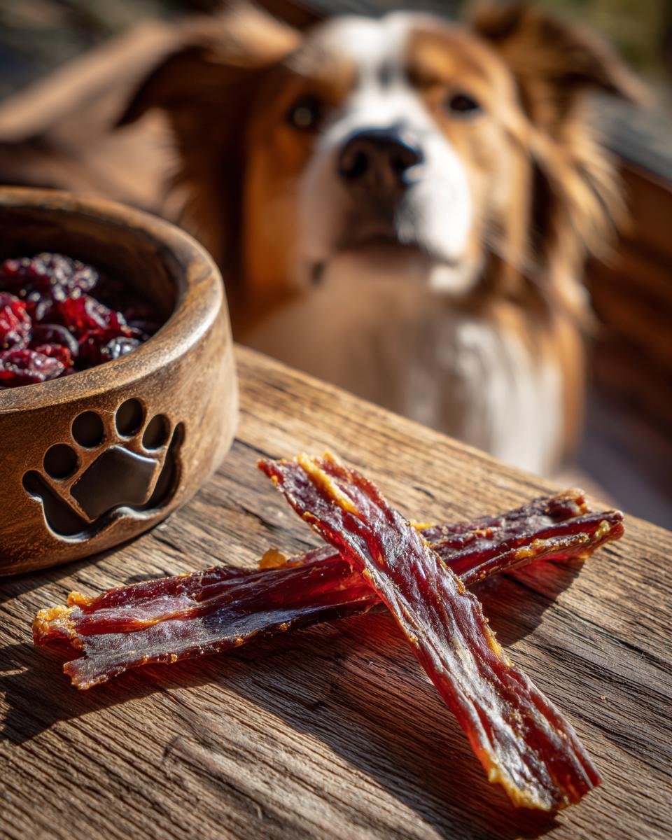 Two pieces of Turkey Cranberry Holiday Jerky on a wooden surface, with a bowl of cranberries and a dog in the background.