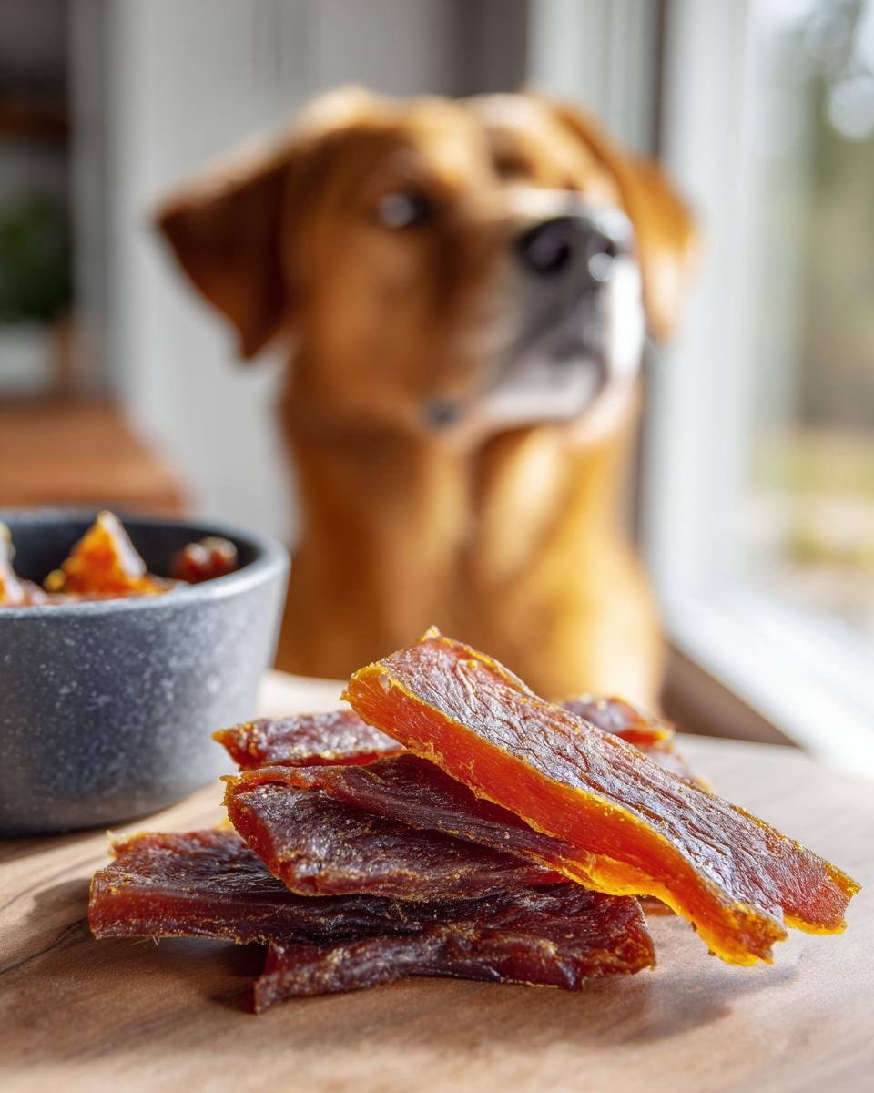 A pile of Turkey Ginger Immunity Jerky on a wooden board with a dog in the background.