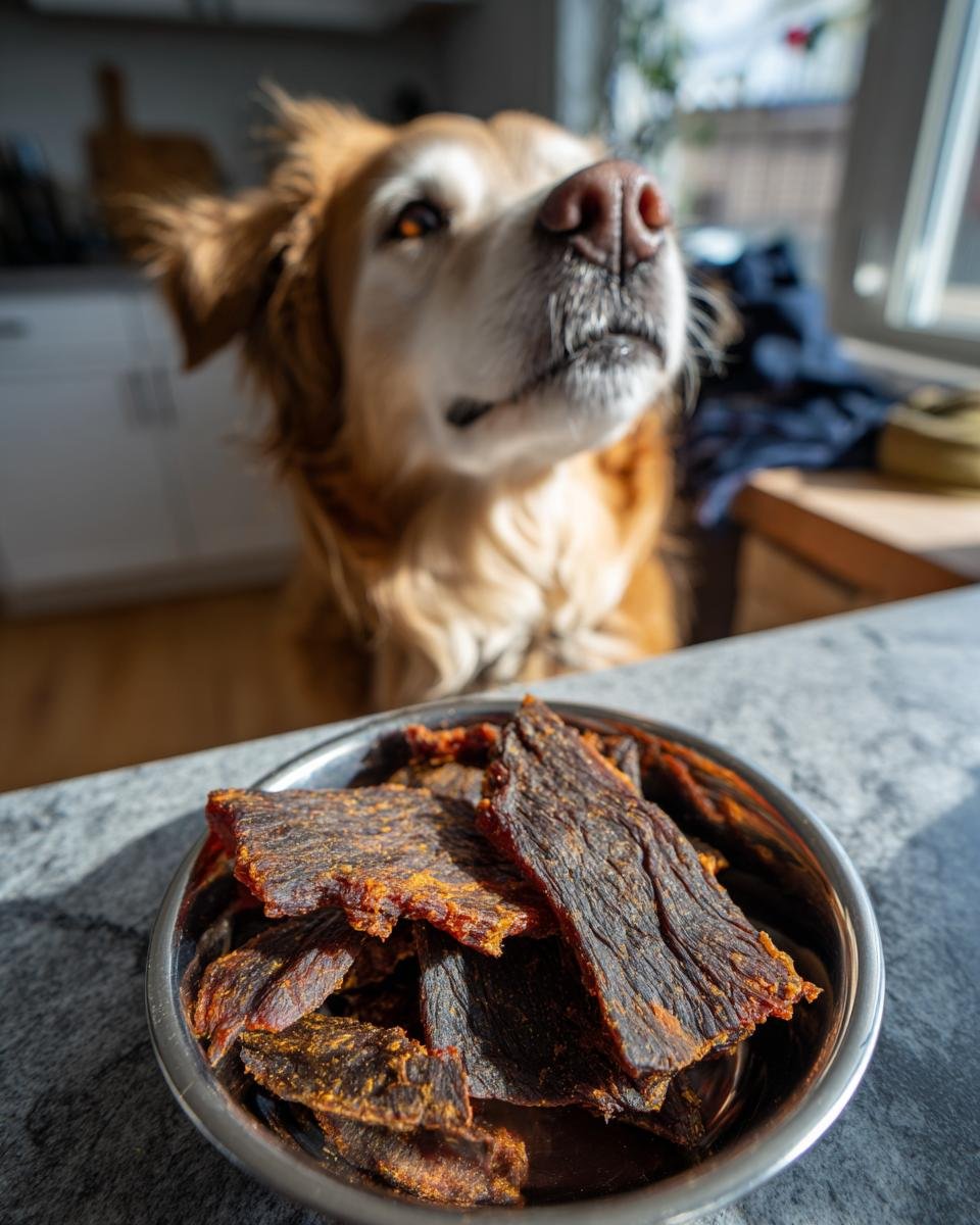 A bowl of homemade Turkey Ginger Immunity Jerky with a golden retriever looking on.