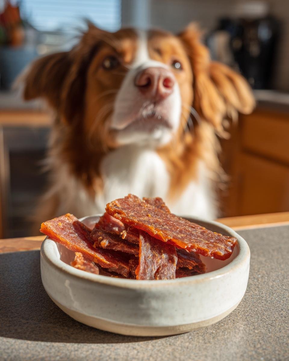 A bowl of homemade Turkey Ginger Immunity Jerky with a dog looking on.