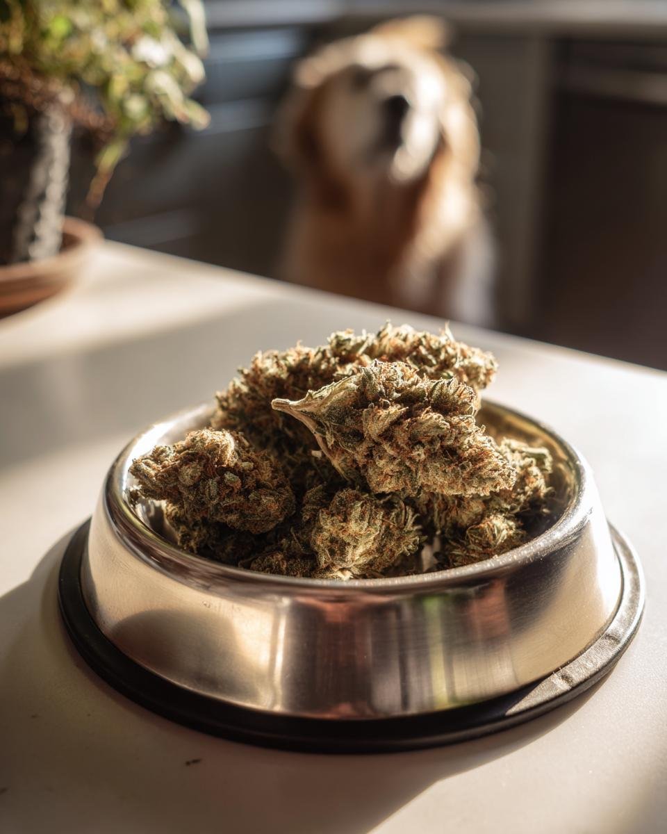 A metal dog bowl filled with Turkey Green Bean Lean Jerky, with a golden retriever in the background.