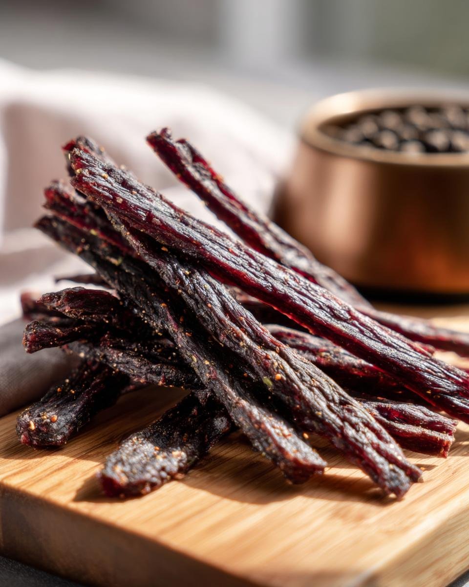A pile of homemade Turkey Green Bean Lean Jerky sticks seasoned with spices on a wooden cutting board.