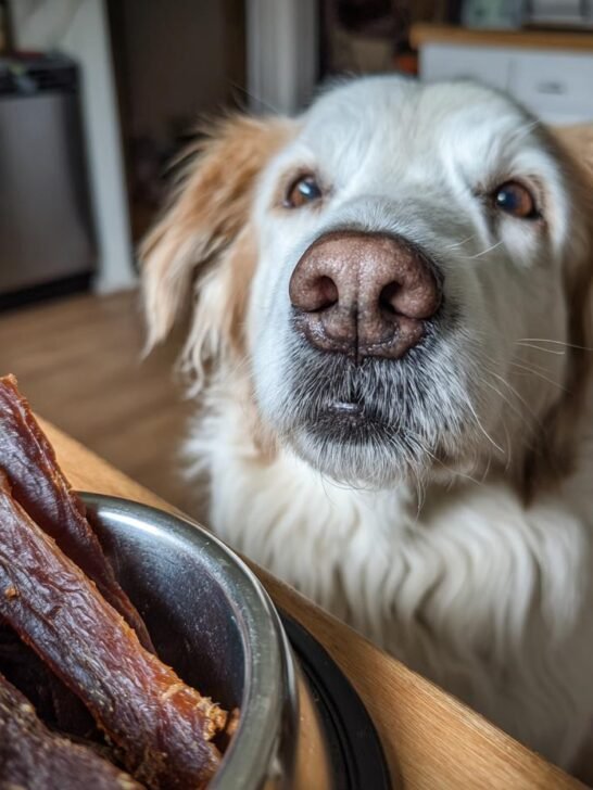 A golden retriever dog looks intently at a bowl of Turkey Mint Breath Clean Jerky.