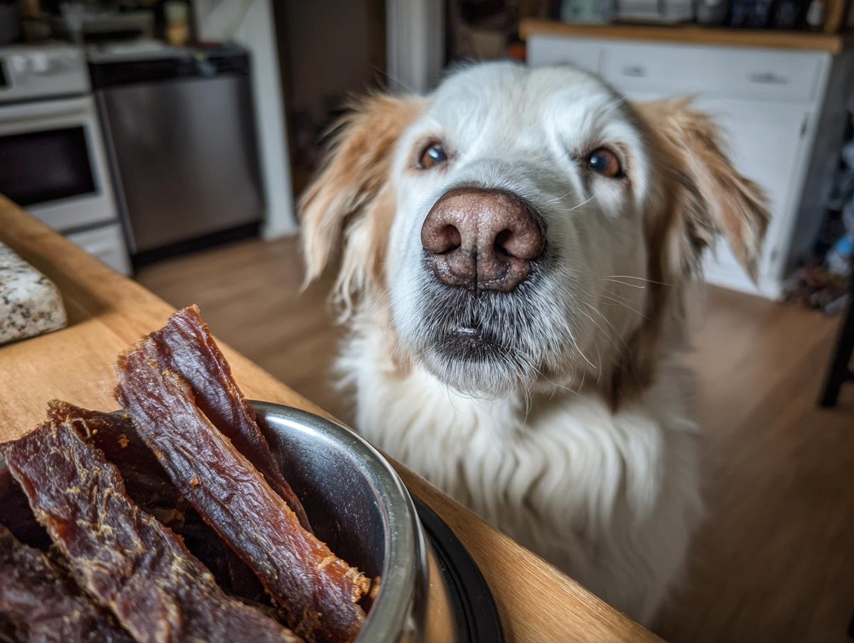 A golden retriever dog looks intently at a bowl of Turkey Mint Breath Clean Jerky.