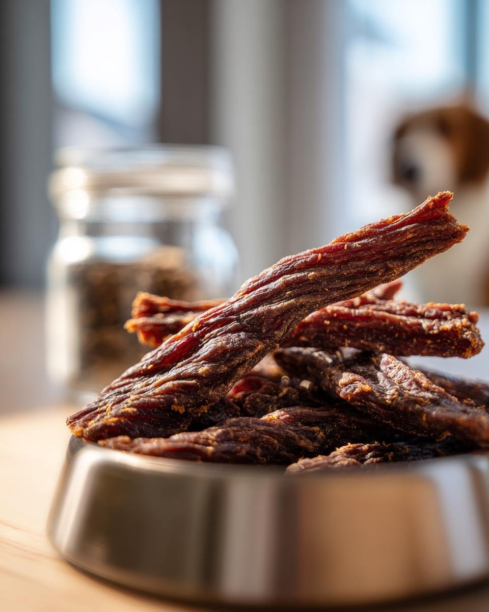 A pile of Turkey Mint Breath Clean Jerky in a metal bowl, with a jar and a dog in the background.