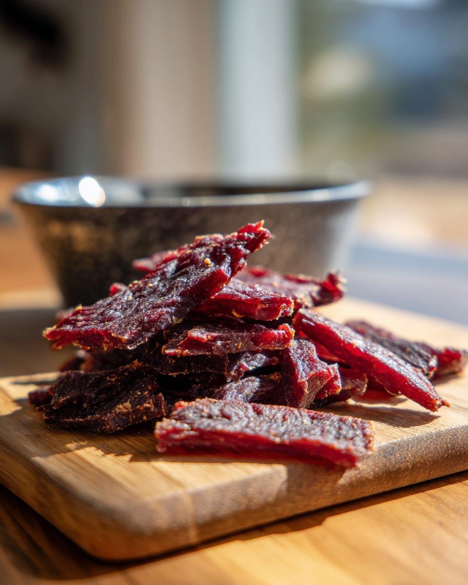 A pile of Turkey Mint Breath Clean Jerky on a wooden cutting board, ready to be enjoyed.
