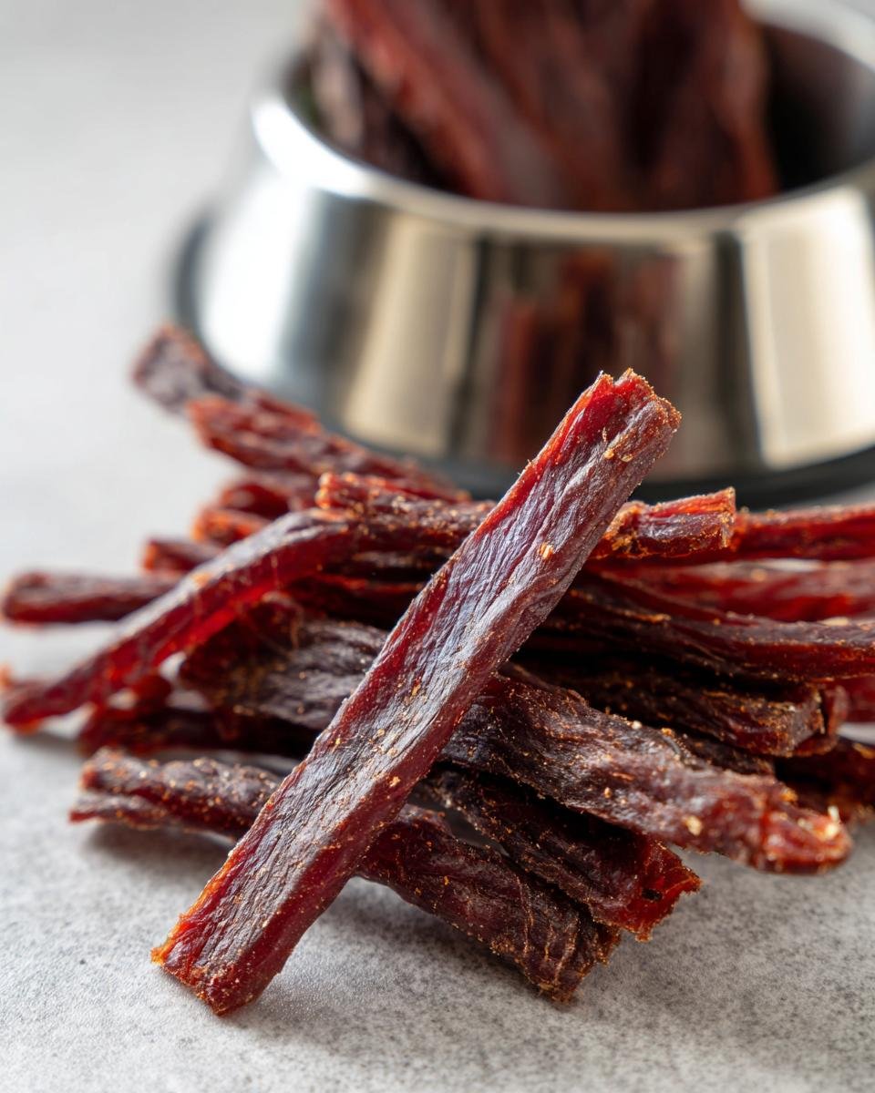 A pile of Turkey Mint Breath Clean Jerky sticks with a dog bowl in the background.