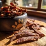 Close-up of Turkey Oat Digestive Jerky spilling out of a dark bowl decorated with a paw print.