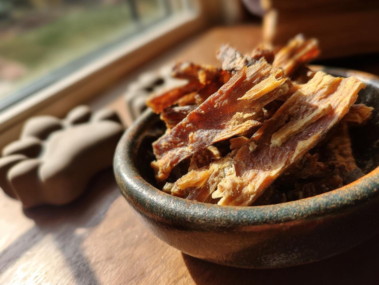 Close-up of Turkey Oat Digestive Jerky strips in a rustic bowl, bathed in sunlight.