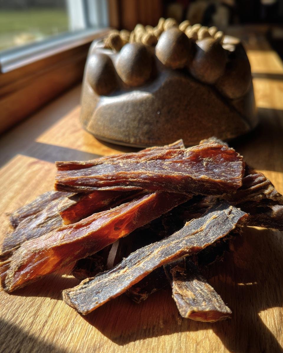 A pile of Turkey Oat Digestive Jerky strips on a wooden surface, with a decorative object in the background.