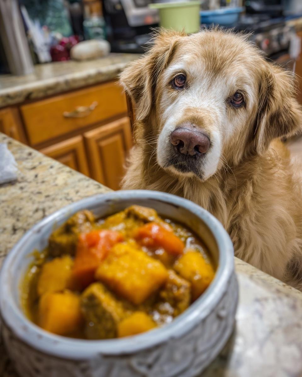 A golden retriever looking hopefully at a bowl of Turkey and Pumpkin Holiday Stew.