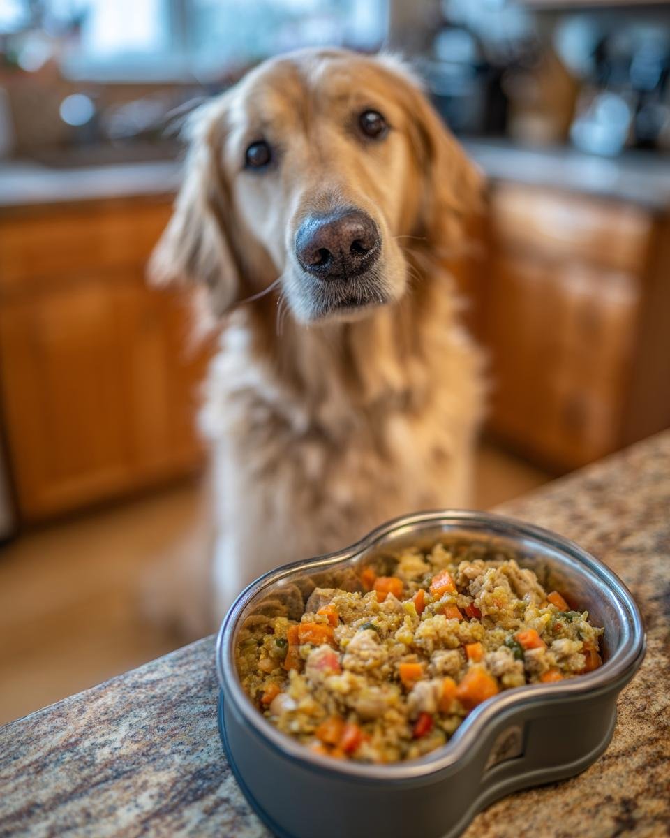A golden retriever dog looks expectantly at a bowl of turkey and pumpkin holiday stew.