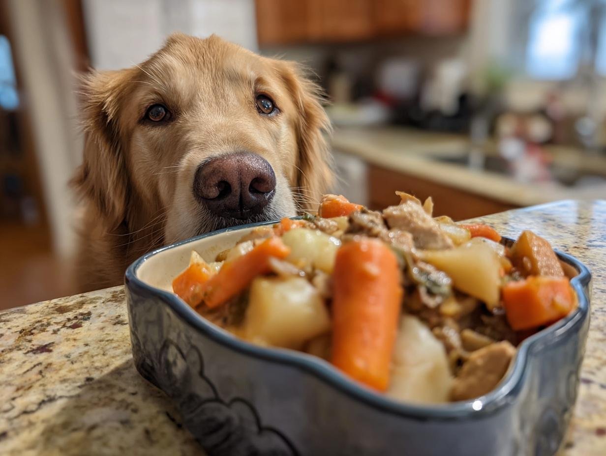 A golden retriever dog eagerly looks at a bowl of Turkey and Pumpkin Holiday Stew.