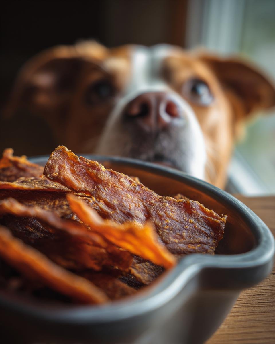 A dog eagerly looks at a bowl of homemade Turkey Pumpkin Lean Jerky.