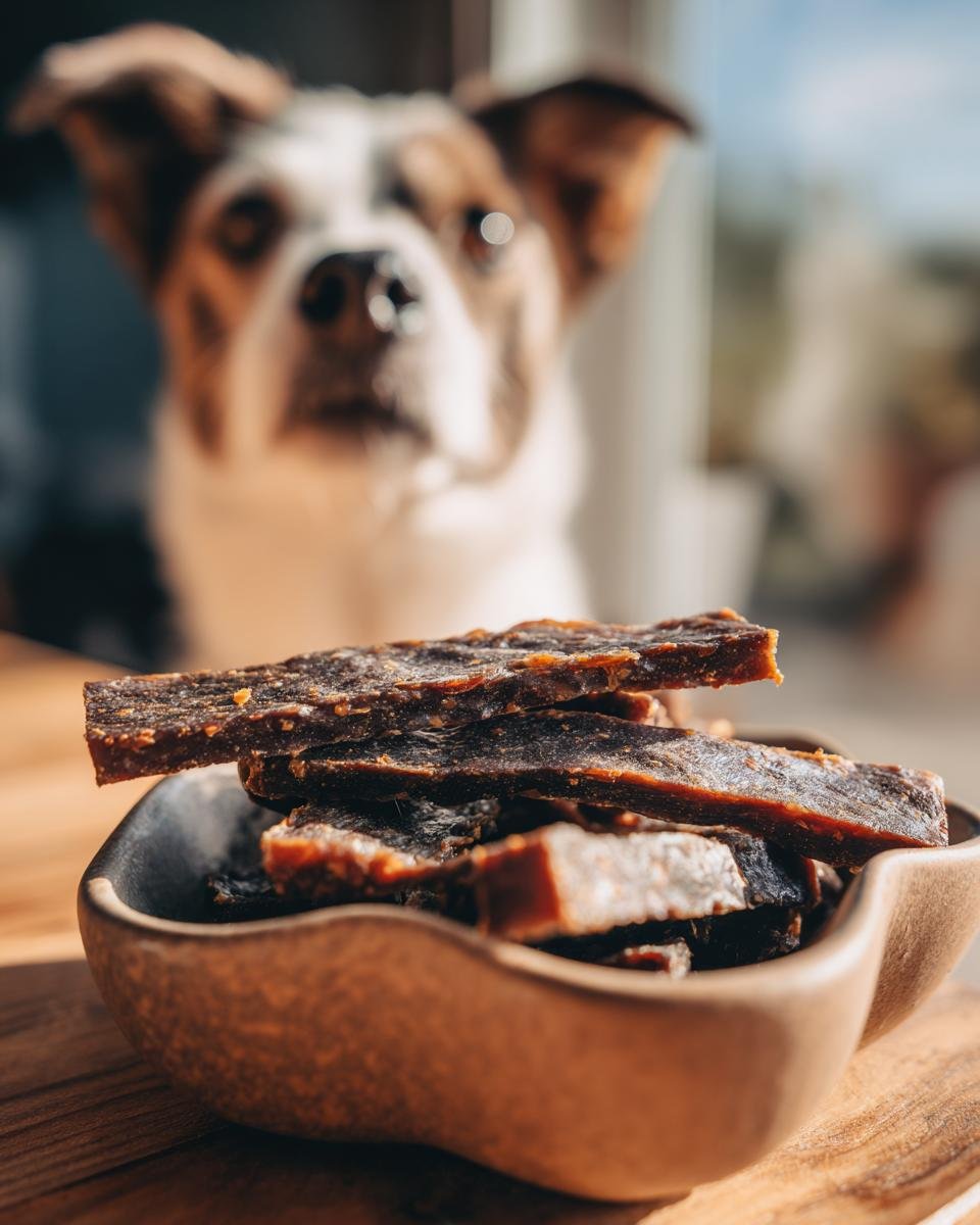 A bowl of Turkey Pumpkin Lean Jerky with a dog in the background looking on.