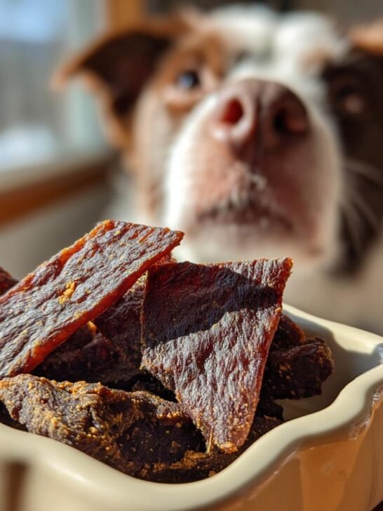 A bowl filled with homemade Turkey Pumpkin Lean Jerky, with a dog looking intently in the background.