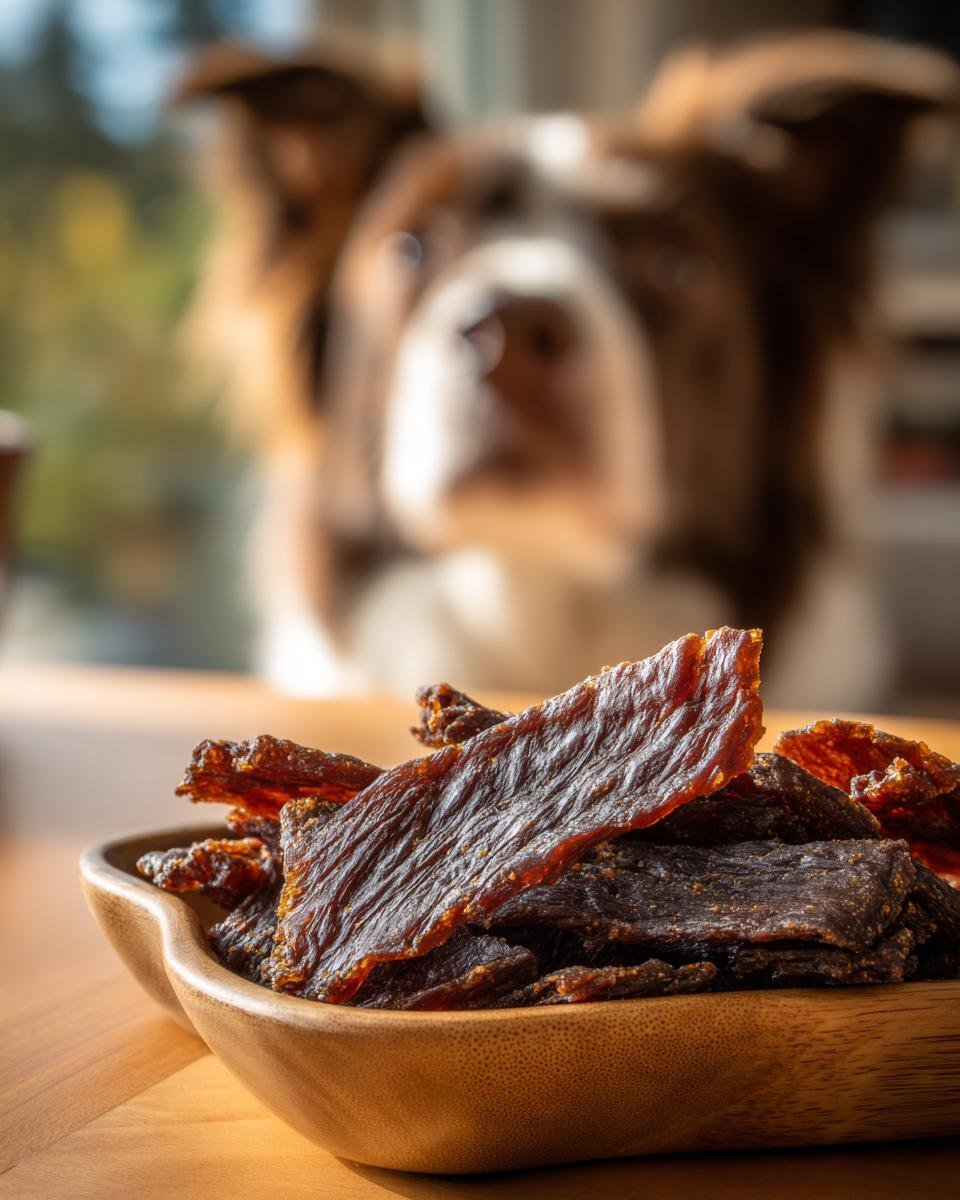 A close-up of a wooden bowl filled with Turkey Pumpkin Lean Jerky, with a dog looking on in the background.