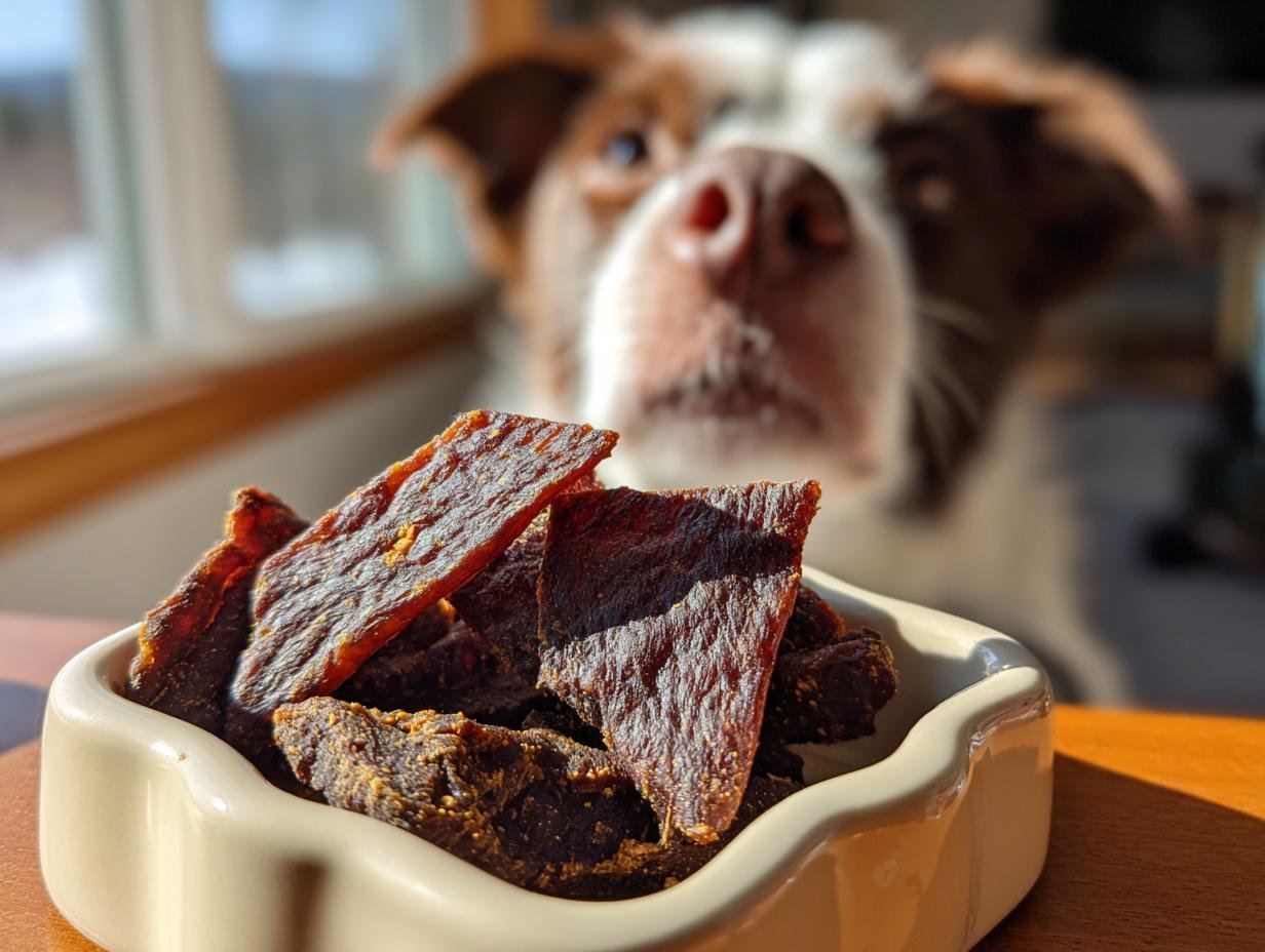 A bowl filled with homemade Turkey Pumpkin Lean Jerky, with a dog looking intently in the background.