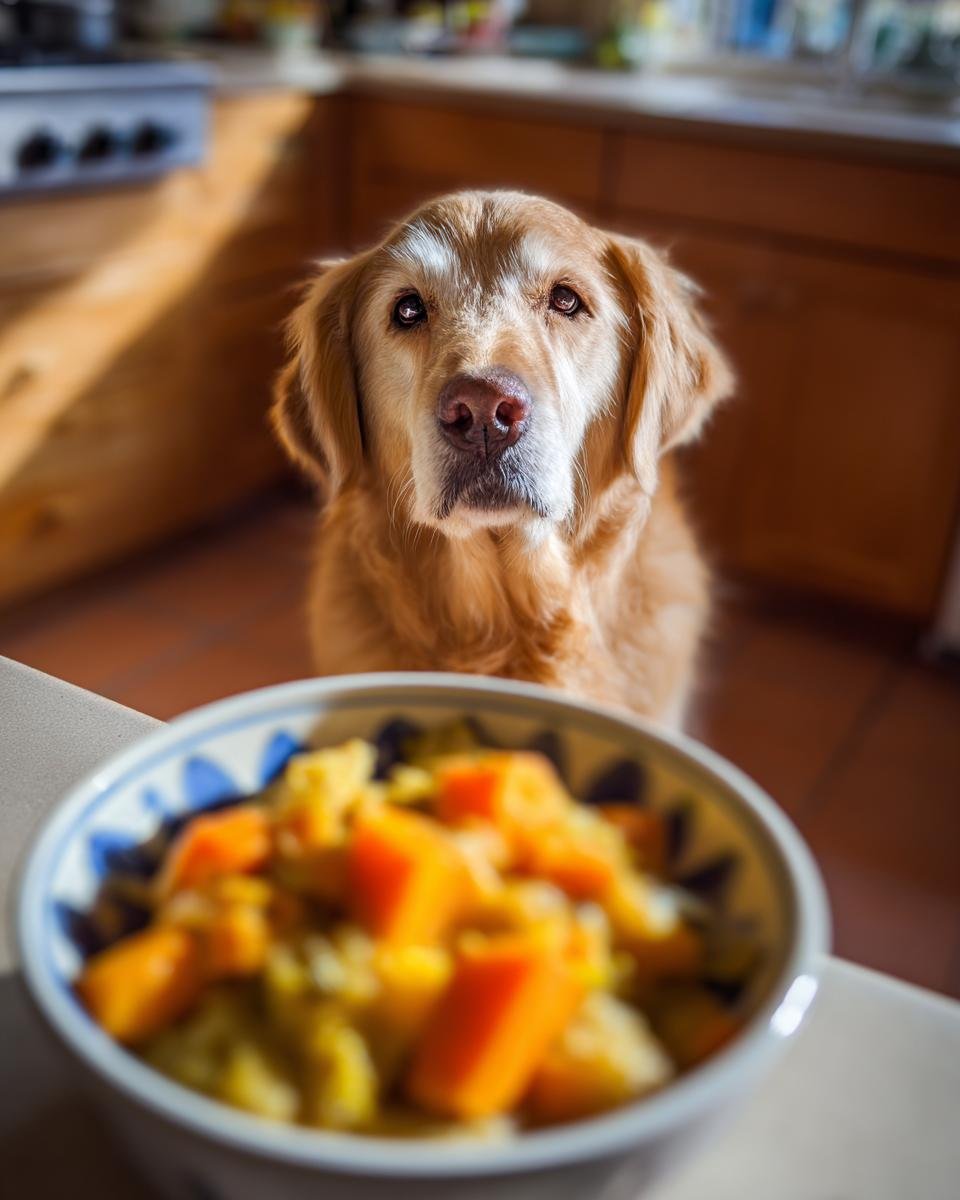 A golden retriever dog looks hopefully at a bowl of turkey and pumpkin stew.