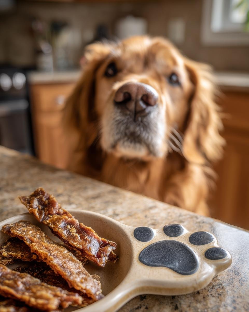 Golden Retriever dog looking at a bowl of Turkey and Rice Gentle Jerky.