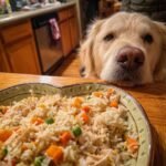 A golden retriever dog looking longingly at a bowl of Turkey and Rice Recovery Meal.