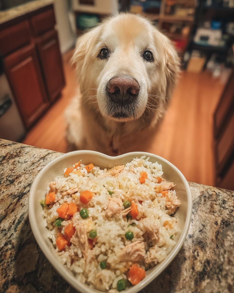 A golden retriever looking at a heart-shaped bowl of turkey and rice recovery meal with carrots and peas.